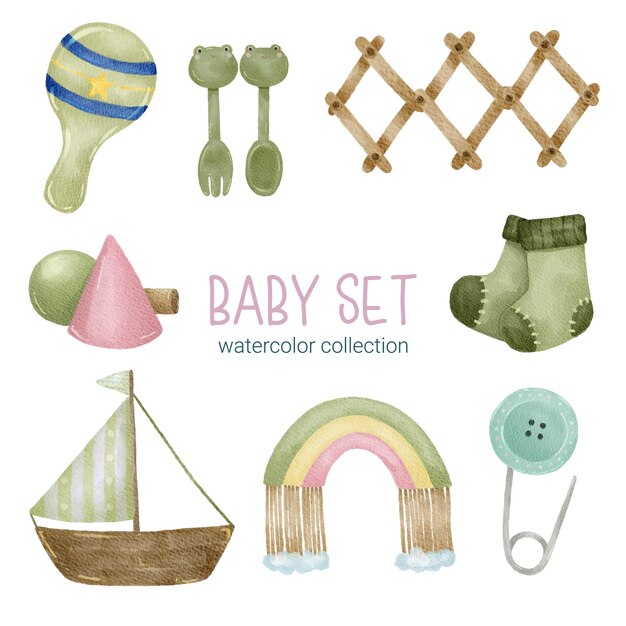 Conjunto de piezas separadas y juntas para ropa hermosa artículos para bebés y juguetes en estilo de colores de agua sobre fondo blanco Ilustración de vector de acuarela