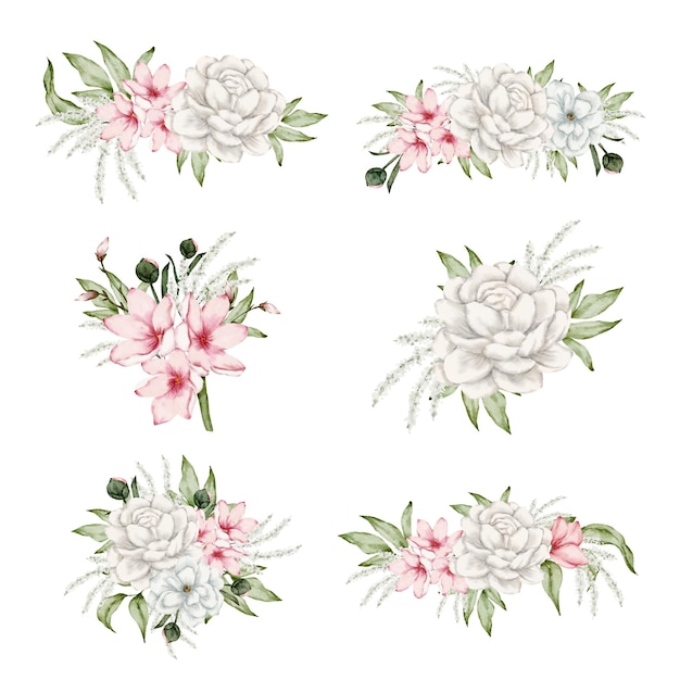 Conjunto de piezas separadas y unidas a un hermoso ramo de flores en estilo de colores de agua en la ilustración de vector de fondo blanco