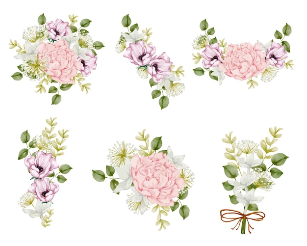 Vector gratuito conjunto de piezas separadas y unidas a un hermoso ramo de flores en estilo de colores de agua en la ilustración de vector de fondo blanco