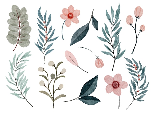 Conjunto de piezas separadas y unidas a un hermoso ramo de flores en estilo de colores de agua en la ilustración de vector plano de fondo blanco