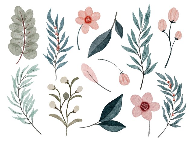 Conjunto de piezas separadas y unidas a un hermoso ramo de flores en estilo de colores de agua en la ilustración de vector plano de fondo blanco