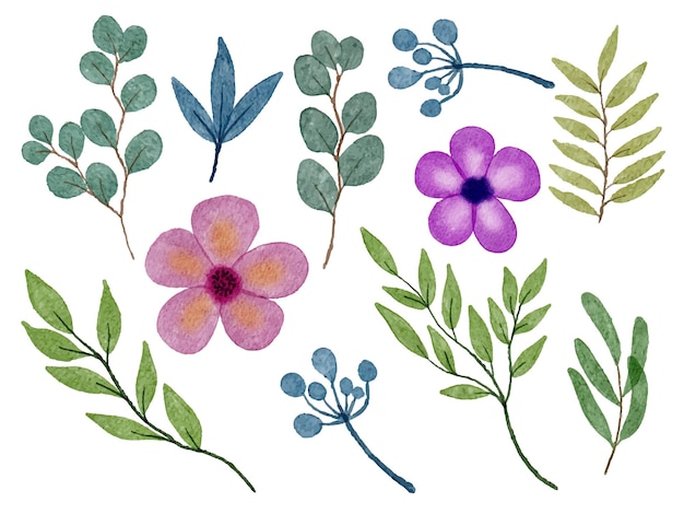 Conjunto de piezas separadas y unidas a un hermoso ramo de flores en estilo de colores de agua en la ilustración de vector plano de fondo blanco