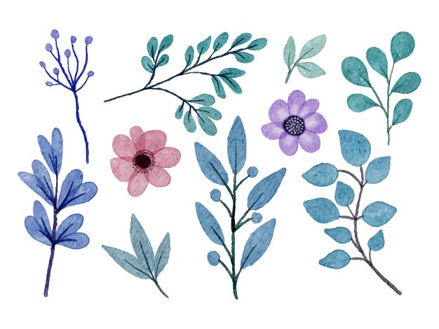 Conjunto de piezas separadas y unidas a un hermoso ramo de flores en estilo de colores de agua en la ilustración de vector plano de fondo blanco