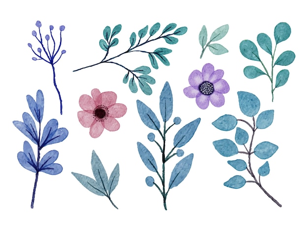 Conjunto de piezas separadas y unidas a un hermoso ramo de flores en estilo de colores de agua en la ilustración de vector plano de fondo blanco