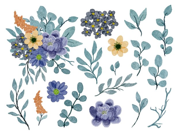 Conjunto de piezas separadas y unidas a un hermoso ramo de flores en estilo de colores de agua en la ilustración de vector plano de fondo blanco