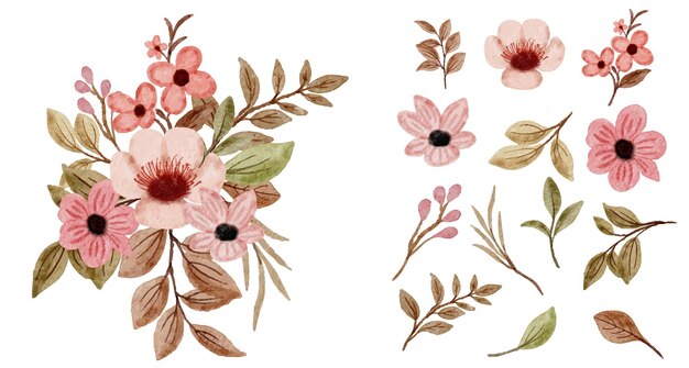 Conjunto de piezas separadas y unidas a un hermoso ramo de flores en estilo de colores de agua en la ilustración de vector plano de fondo blanco