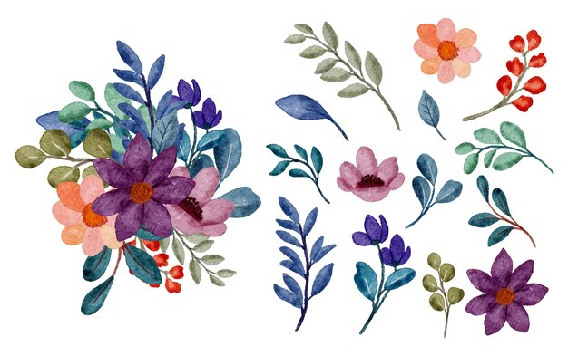 Conjunto de piezas separadas y unidas a un hermoso ramo de flores en estilo de colores de agua en la ilustración de vector plano de fondo blanco