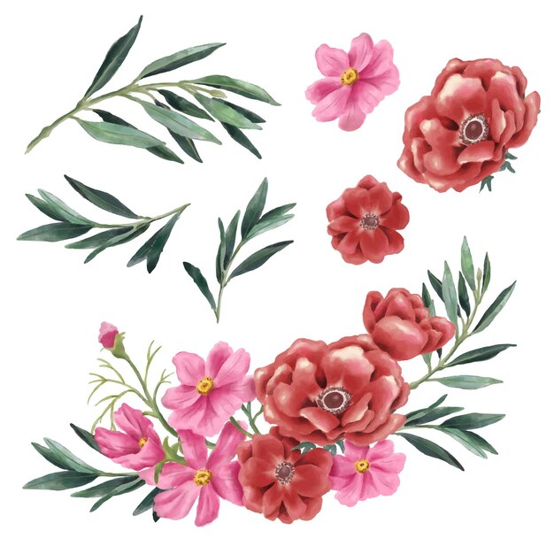 Conjunto de piezas separadas y unidas a un hermoso ramo de flores en estilo de colores de agua en la ilustración de vector plano de fondo blanco
