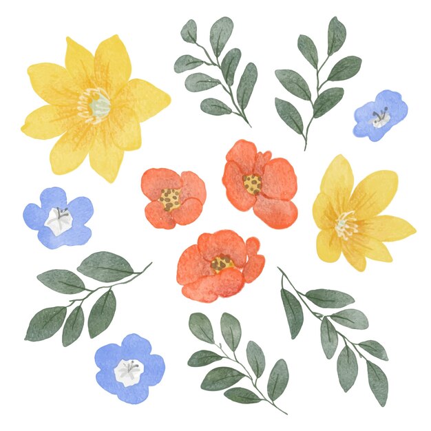 Conjunto de piezas separadas y unidas a un hermoso ramo de flores en estilo de colores de agua en la ilustración de vector plano de fondo blanco
