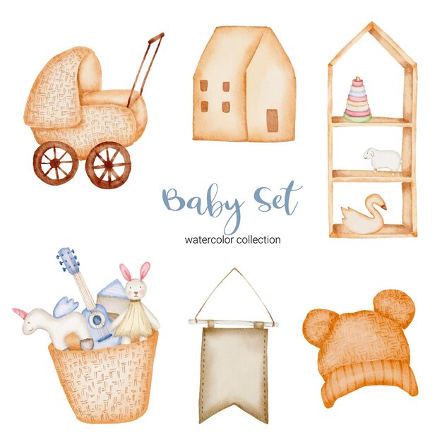 Conjunto de piezas separadas y unir para ropa hermosa, artículos para bebés y juguetes en estilo de colores de agua, ilustración de acuarela