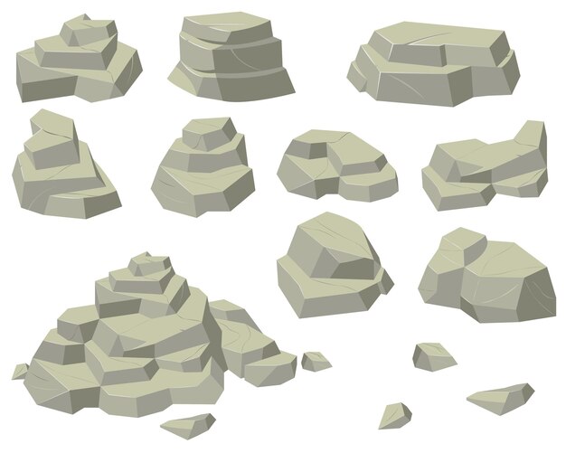 Conjunto de pilas de rocas planas. Montones de piedras naturales de diferentes tamaños, pirámides rocosas y escalones aislados sobre fondo blanco.