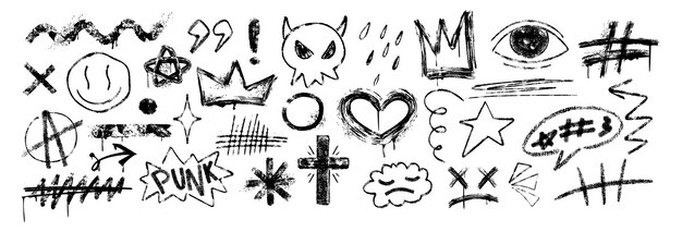 Conjunto de pincel negro grunge grafiti líneas de textura corona garabateos flechas y emojis de sonrisa