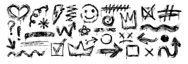 Conjunto de pincel negro grunge grafiti textura líneas onduladas corona garabateos flechas y sonrisas