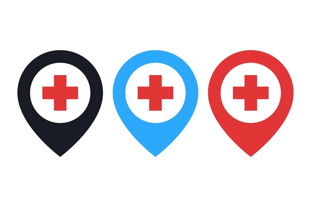 Conjunto de pinos de ubicación de salud de tres