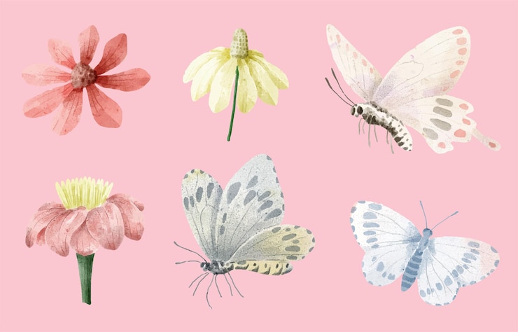 Vector gratuito conjunto de pintura de acuarela de mariposas y flores.