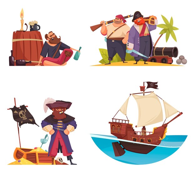 Conjunto pirata de composiciones de dibujos animados con personajes de piratas garabatos, armadura de barco y banderas con ilustración de cofre del tesoro