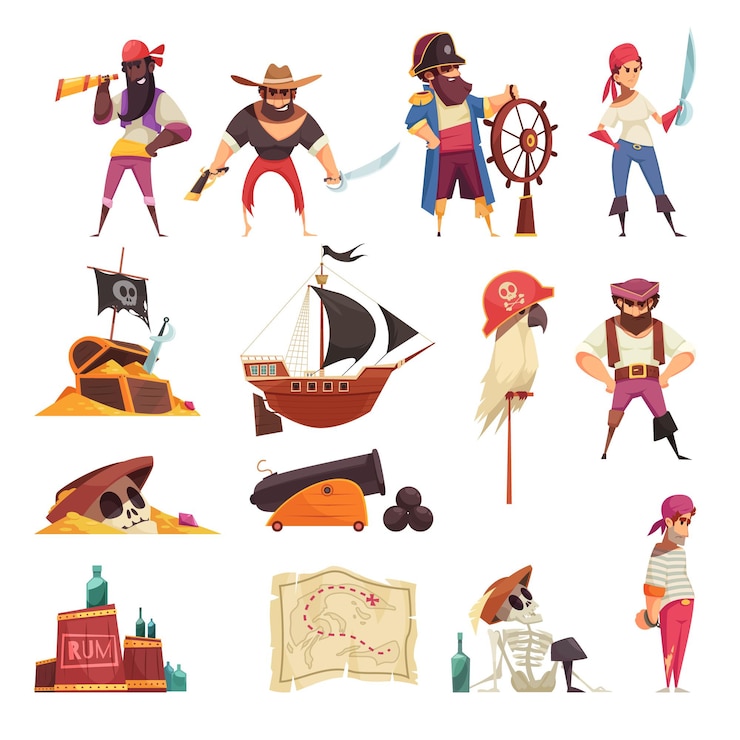 Vector gratuito conjunto pirata de iconos aislados con mapas de barcos de dibujos animados y símbolos de esqueleto con personas