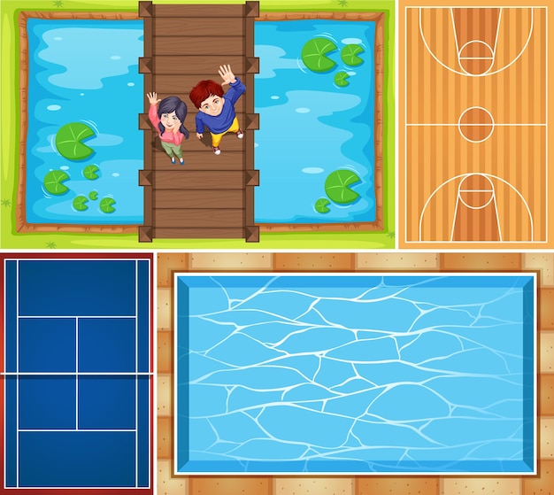 Vector gratuito conjunto de piscina aérea y escena de cancha de baloncesto.