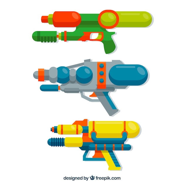 Vector gratuito conjunto de pistolas de agua coloridas con material plástico