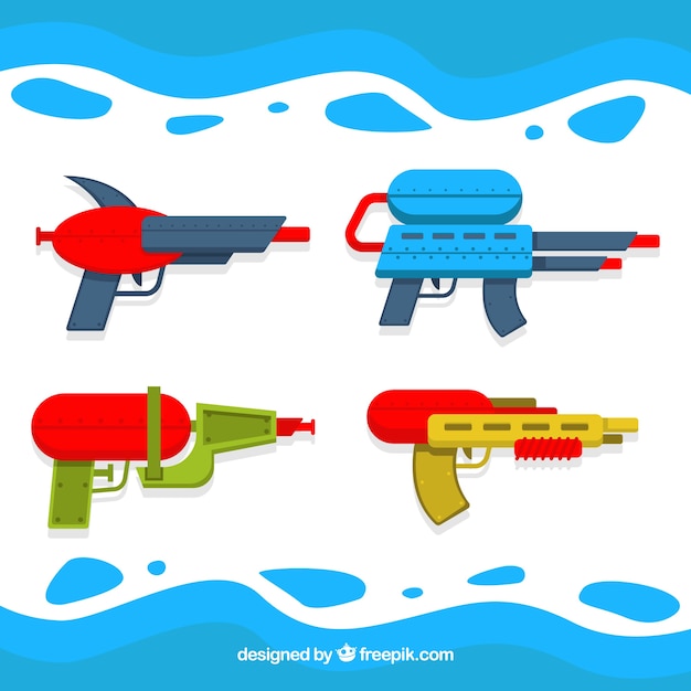 Vector gratuito conjunto de pistolas de agua de plástico en estilo plano