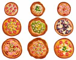 Vector gratuito conjunto de pizza con diferentes ingredientes en base redonda