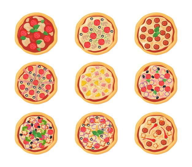 Conjunto de pizzas de dibujos animados con diferentes rellenos. Ilustración plana.