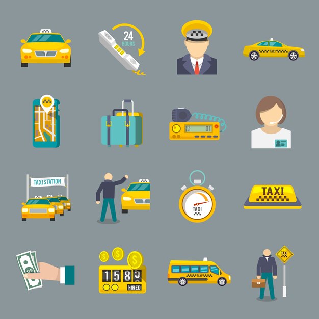 Conjunto plana de iconos de taxi