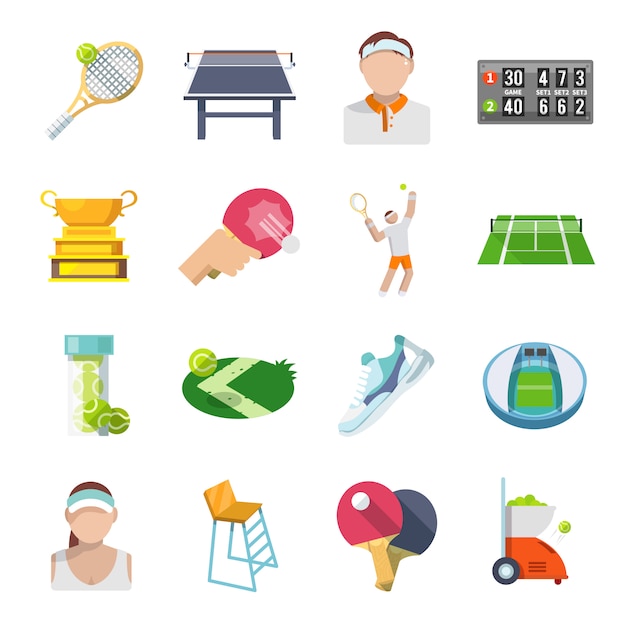 Vector gratuito conjunto plana de iconos de tenis