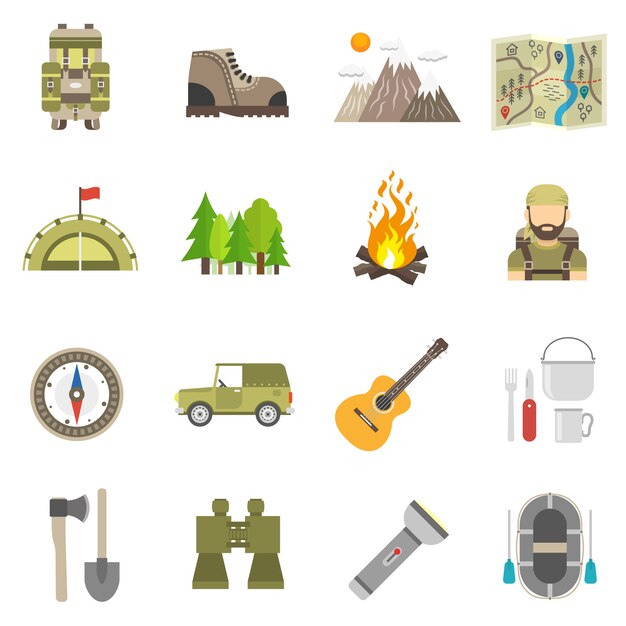 Conjunto plana de iconos de turismo