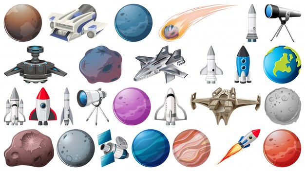 Conjunto de planetas, cohetes y objetos espaciales.