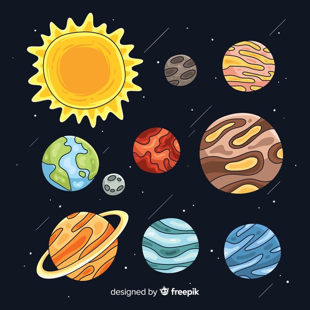Conjunto de planetas dibujados a mano