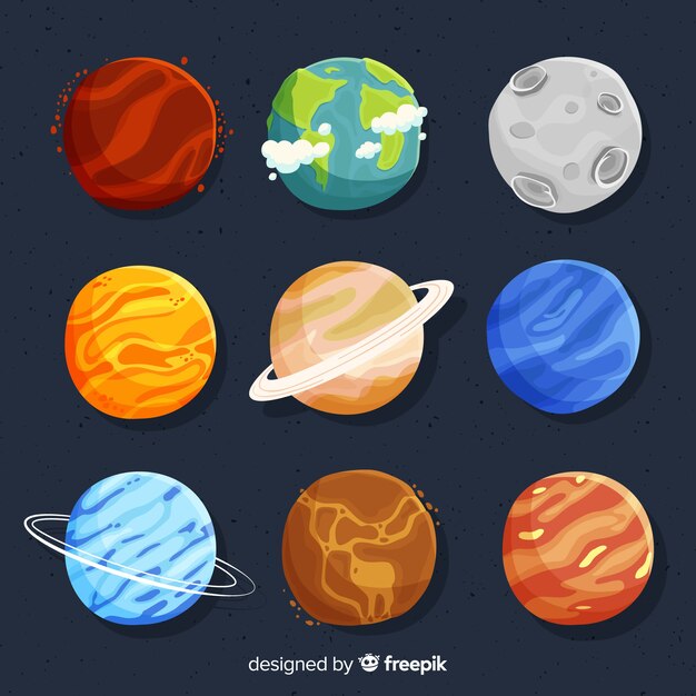 Conjunto de planetas diferentes dibujados a mano