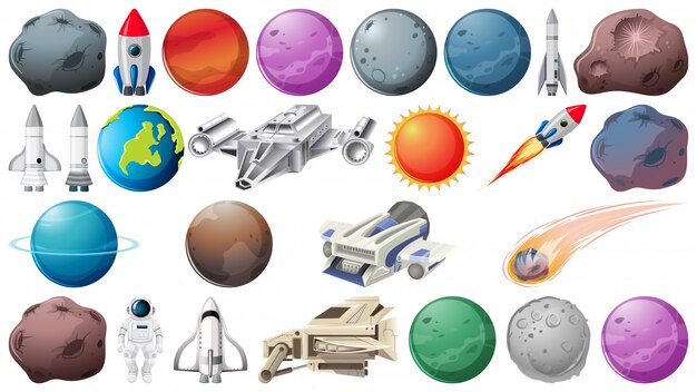Conjunto de planetas y objetos espaciales.