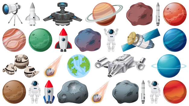 Vector gratuito conjunto de planetas y objetos espaciales.