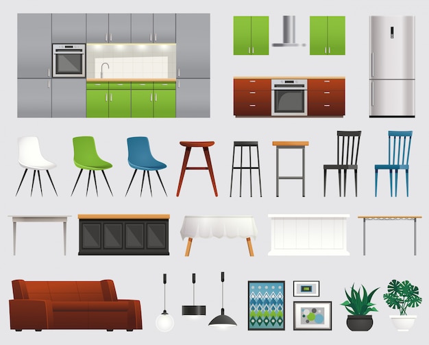 Vector gratuito conjunto plano de accesorios de muebles de cocina