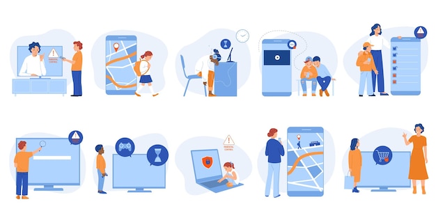 Conjunto plano de aparatos con control parental configurado y personajes de niños y padres ilustraciones vectoriales aisladas