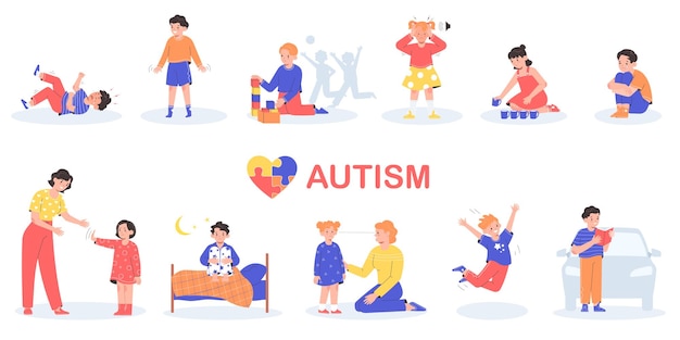 Vector gratuito conjunto plano de autismo de niños que sufren de trastorno del espectro autista ilustración vectorial aislada