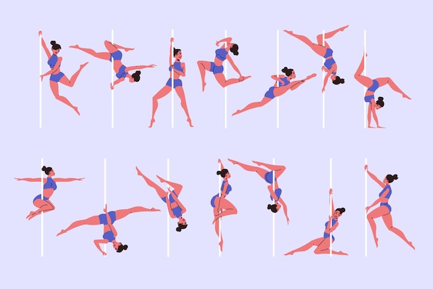 Conjunto plano de bailarines femeninas aisladas en la ilustración vectorial de fondo de color