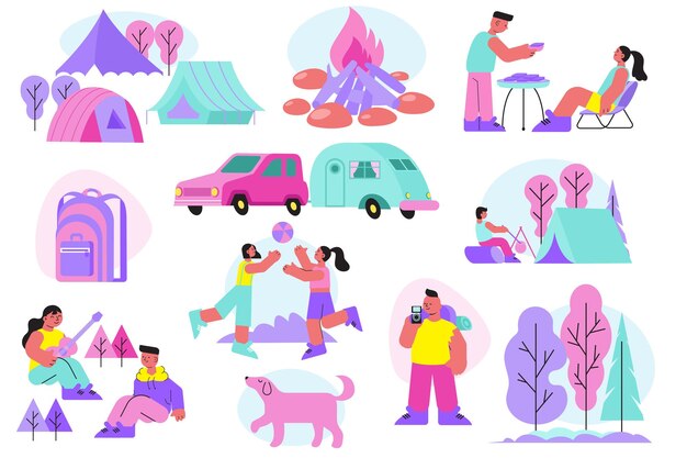 Conjunto plano de camping con iconos aislados, personajes humanos e imágenes de la vida de camping con tiendas de campaña, árboles, ilustración vectorial