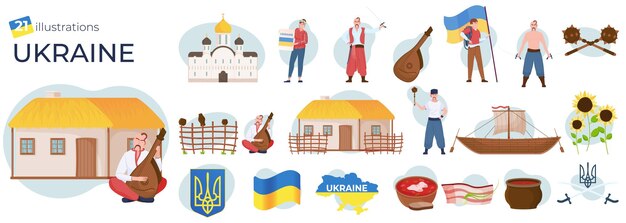 Conjunto plano de composiciones con símbolos de Ucrania bandera edificios gente cocina aislado sobre fondo blanco ilustración vectorial