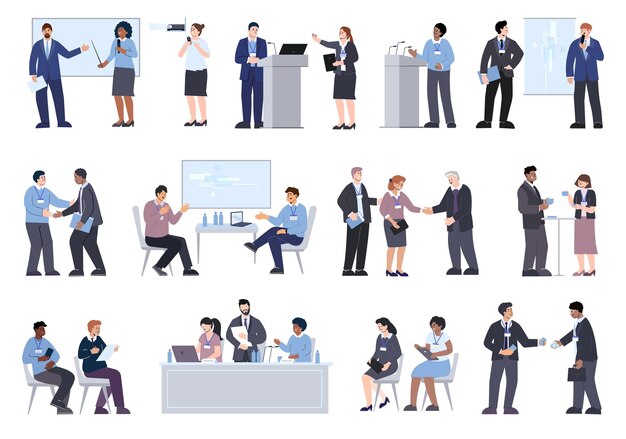 Conjunto plano de conferencias de negocios de iconos aislados con personajes humanos garabatos de compañeros de trabajo con pantallas de presentación ilustración vectorial