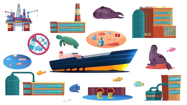 Conjunto plano de contaminación oceánica de objetos industriales que contaminan los productos de desecho de la superficie del agua y los habitantes del mar ilustraciones vectoriales aisladas