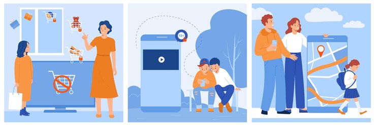 Vector gratuito conjunto plano de control parental con rastreador de ubicación de niños de sitios web bloqueados y personajes de padres e hijos ilustraciones vectoriales aisladas