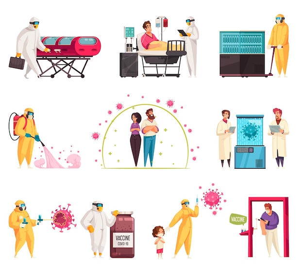 Conjunto plano de coronavirus de pacientes en el personal médico del hospital que entrega personas infectadas con covid que realizan desinfección ilustración vectorial aislada