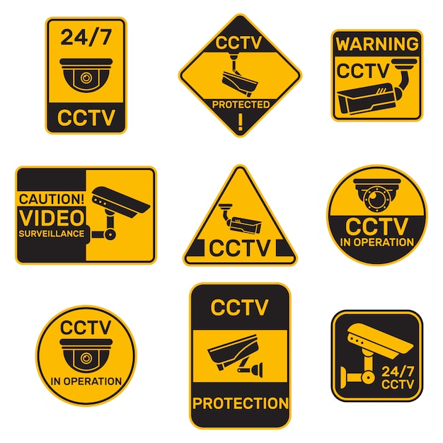 Conjunto plano de diferentes insignias de sistema de CCTV.