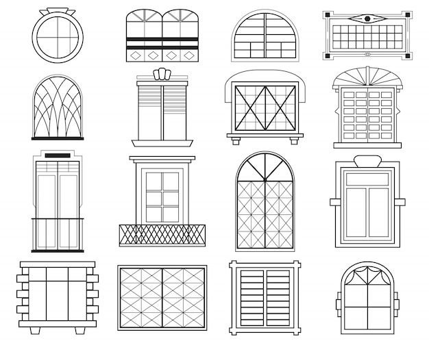 Conjunto plano de diferentes siluetas de marcos de ventana