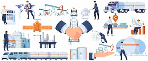 Vector gratuito conjunto plano de economía de gas de vehículos de carga marítimos y terrestres y elementos de terminal para ilustración vectorial aislada de gas natural licuado