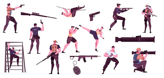 Conjunto plano de entrenamiento militar de hombres adultos entrenando con lucha libre con armas en el ring o haciendo ejercicios de escalada al aire libre ilustración vectorial