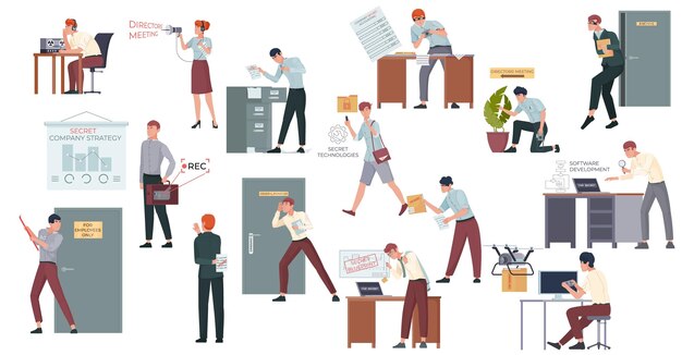 Conjunto plano de espionaje industrial de iconos aislados con personajes de garabatos de trabajadores de oficina robando datos secretos ilustración vectorial