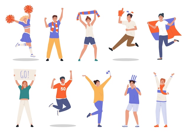 Conjunto plano de fanáticos deportivos felices y animadoras con atributos coloridos ilustraciones vectoriales aisladas